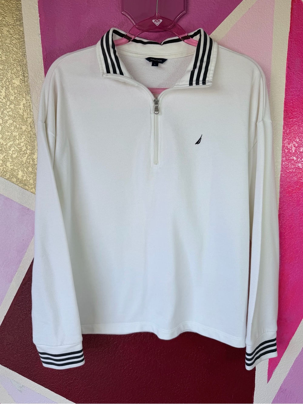 Nautica White Quarter Zip Pullover Sz L Striped Collar Sailboat Logo